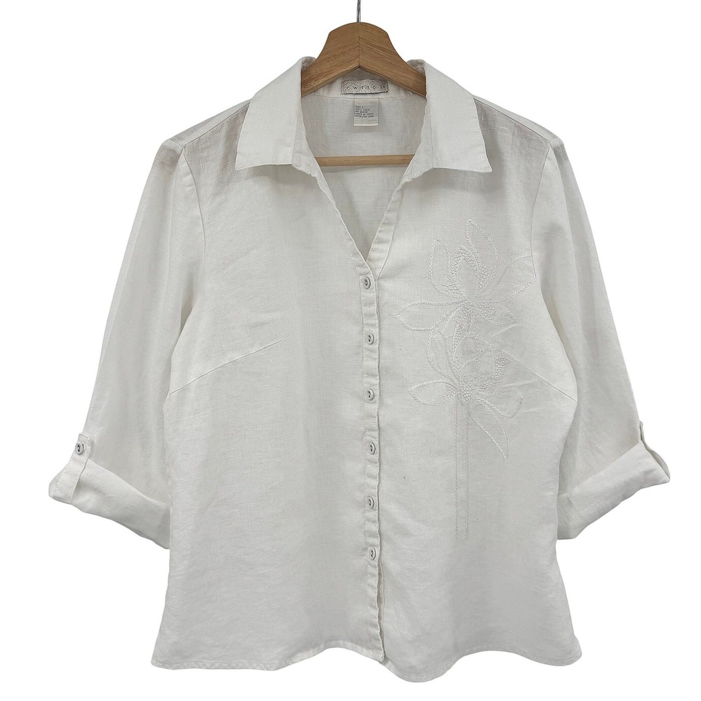 Tweeds Button Front Shirt 100% Linen Floral Embroidered Detail White Size L